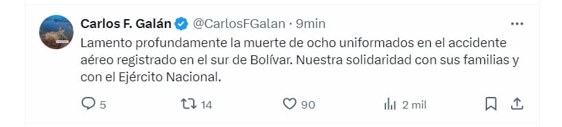 El alcalde de Bogotá lamentó la muerte de los militares - crédito @CarlosFGalan/X