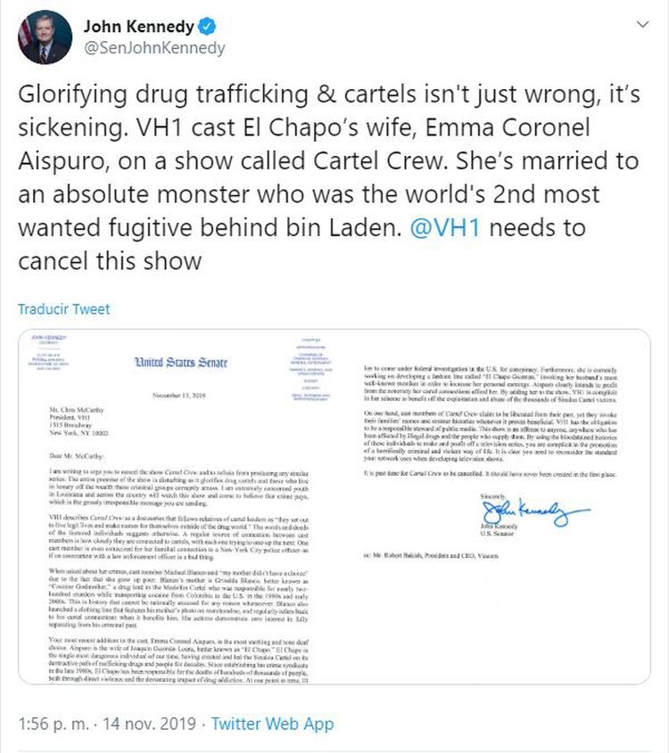 Petición de John Kennedy para cancelar Cartel Crew (Foto: Twitter)