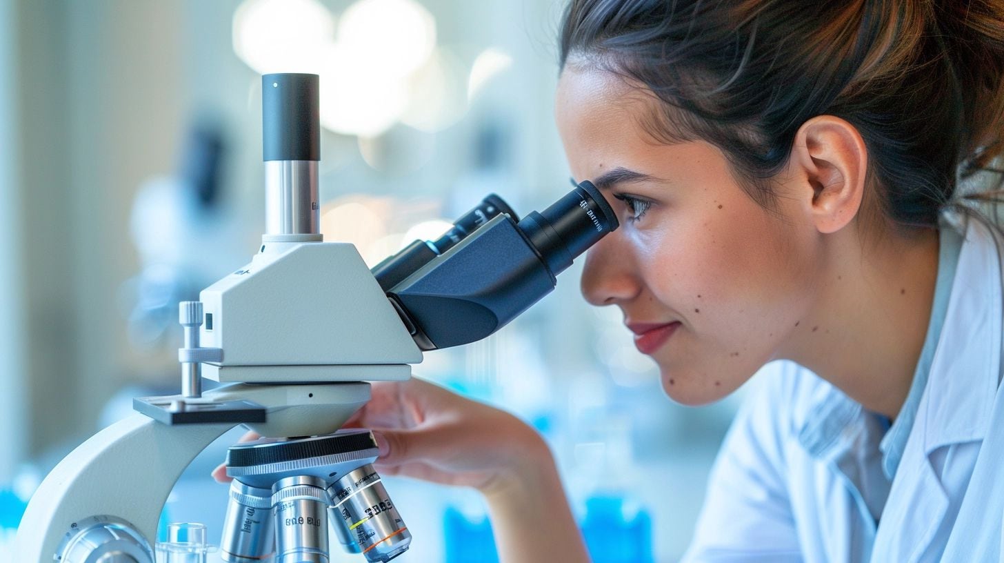 Científica especializada en biología y química examinando muestras bajo el microscopio en un entorno de laboratorio, contribuyendo al progreso científico en el campo de la salud y la creación de nuevos fármacos. (Imagen ilustrativa Infobae)