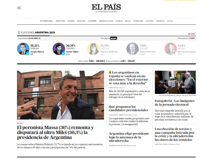 El País de España dedicó una sección especial de su portal a noticias sobre las elecciones en Argentina. 