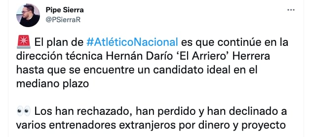 Atlético Nacional's plan to find a new technical director. Screenshot