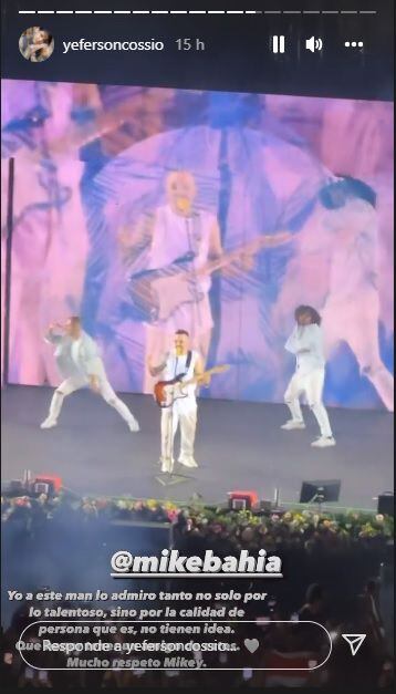 叶弗森·科西奥对迈克·巴伊亚表示钦佩。照片：Instagram 故事 @yefersoncossio
