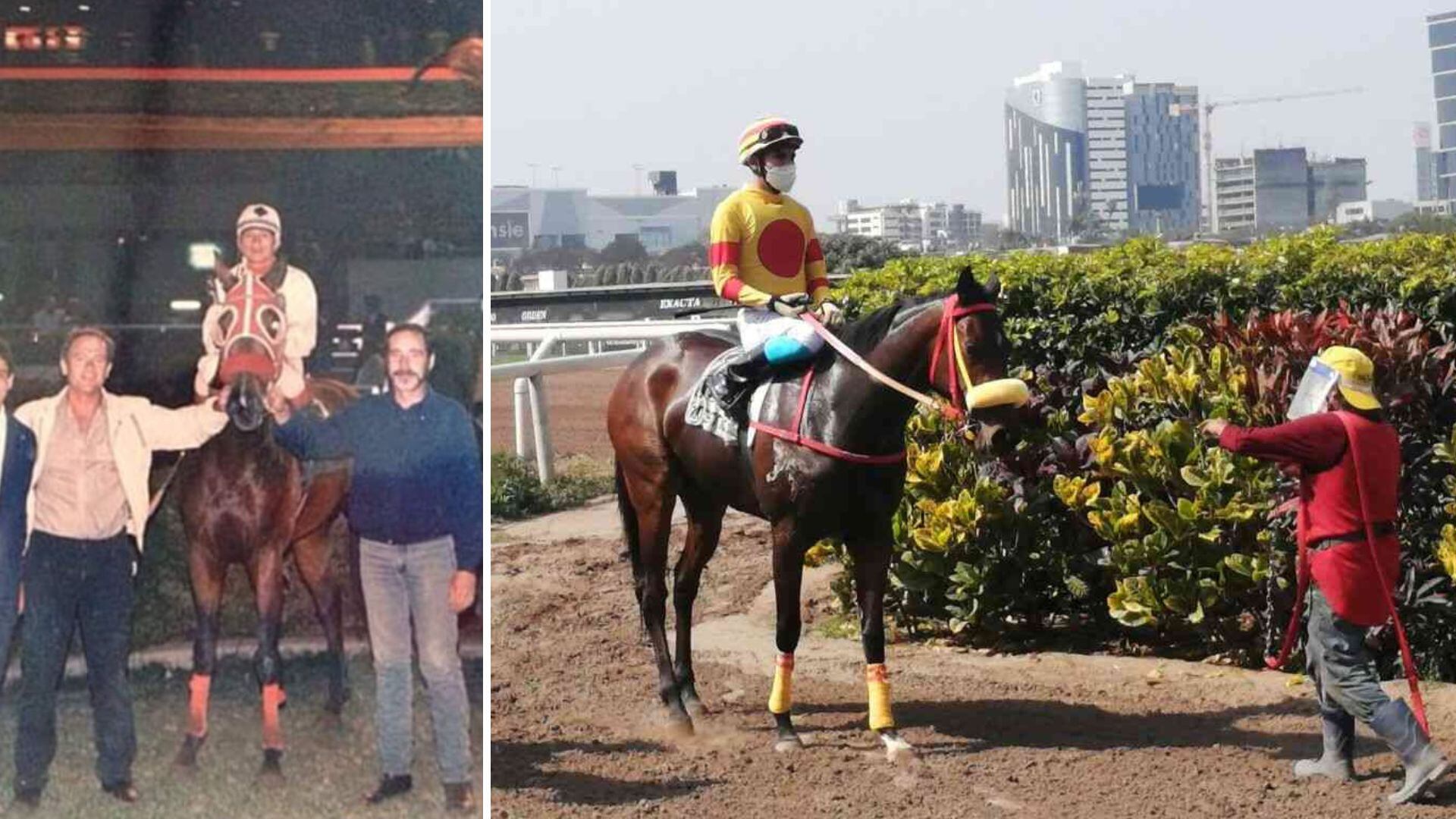 En la primera foto, el papá del 'Lobo' Gonzales-Vigil, quien le compartió la pasión por los caballos. Y en la segunda foto, Juan Diego (de rojo) entrenando a un caballo.