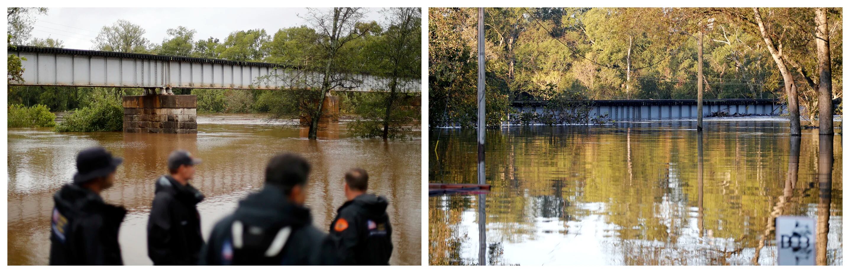 Esta combinación de fotografías muestra al río Cape Fear, el 16 de septiembre de 2018, a la izquierda, y después, el 19 de septiembre, a la derecha, cuando las aguas alcanzaron la parte inferior de un puente tras el paso del huracán Florence, en Fayetteville, Carolina del Norte. (AP Fotos/David Goldman)