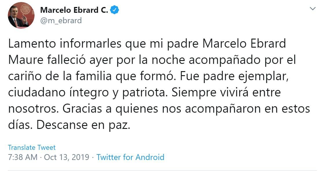 El funcionario informó acerca de la muerte de su padre a través de su cuenta de Twitter (Foto: Twitter)