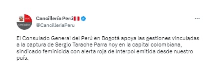 El Consulado General del Perú en Bogotá están apoyando las gestiones vinculadas a la captura de Tarache y gestionando el procedimiento correspondiente, para que sea puesto a disposición de la justicia peruana. @CancilleriaPeru/Twitter