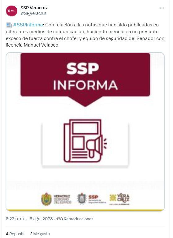 Captura de pantalla de la tarjeta informativa de la SSP de Veracruz