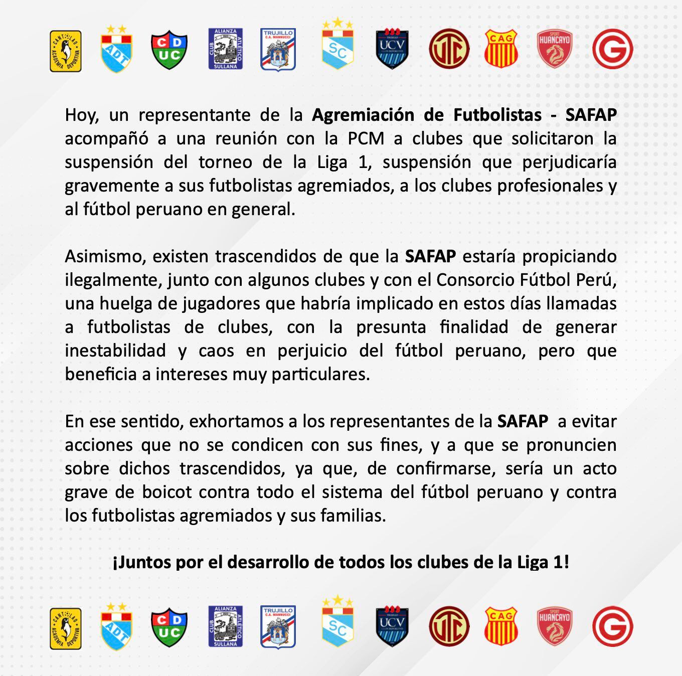 Comunicado de clubes a favor de la FPF por un boicot de SAFAP.