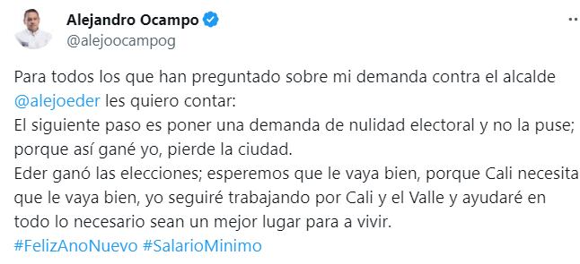 Congresista Alejandro Ocampo anunció vía X ue no demandará la elección de Alejandro Éder, alcalde electo de Cali - crédito @Alejoocampog / X
