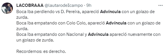 La reacción al gol de Luis Advíncula en Boca Juniors vs Nacional. (Twitter)