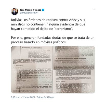 El primer tuit de la denuncia de Vivanco sobre la orden de arresto contra Áñez y cinco ex ministros de Bolivia