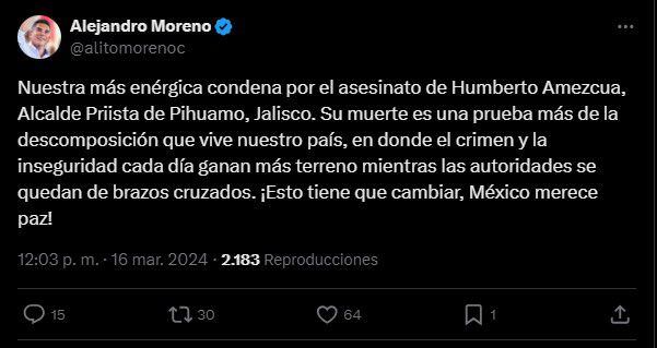 Alejandro Moreno condenó el asesinato del alcalde priista. | Captura de pantalla