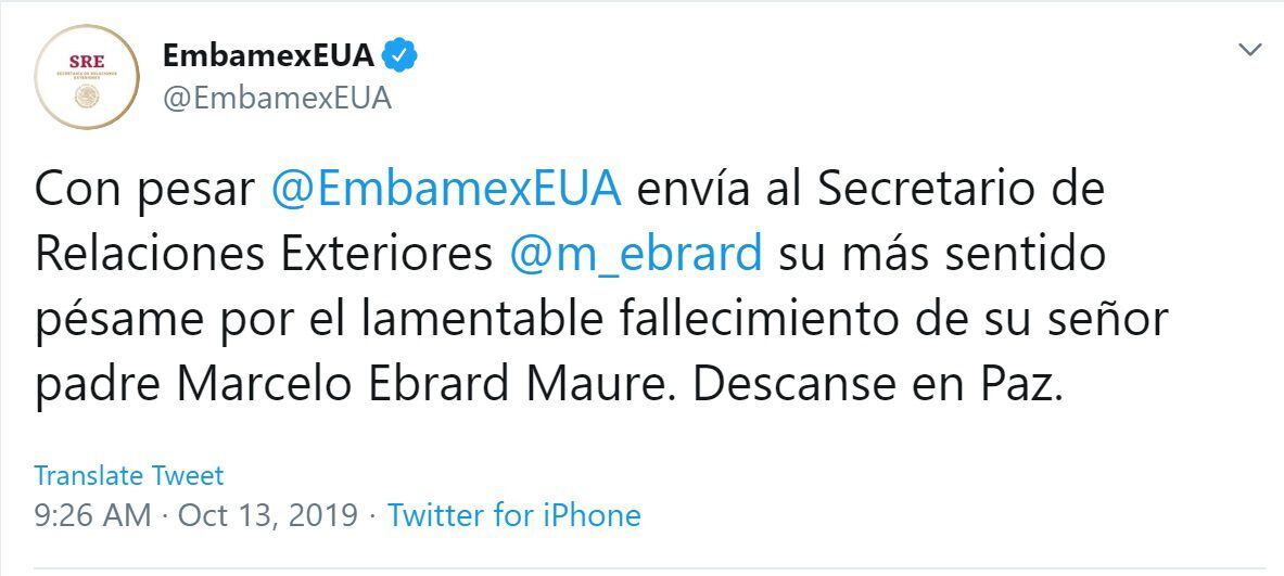 La embajada de México en Estados Unidos emitió un mensaje para Marcelo Ebrard por la muerte de su padre (Foto: Twitter)