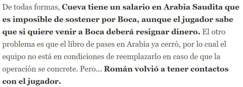 Información de 'Olé' sobre el problema económico de Boca para fichar a Cueva.