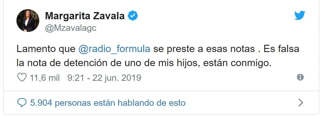 Margarita Zavala negó la detención de Luis Felipe Calderón (Foto: Twitter)