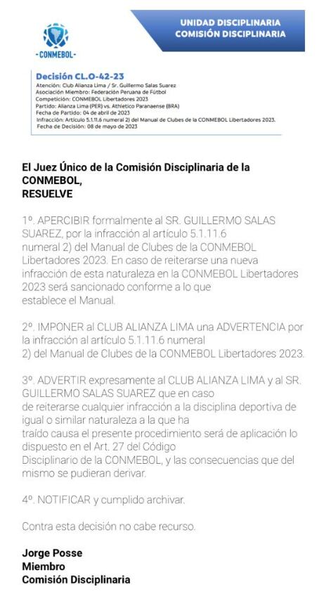 Advertencia de Conmebol a Alianza Lima.