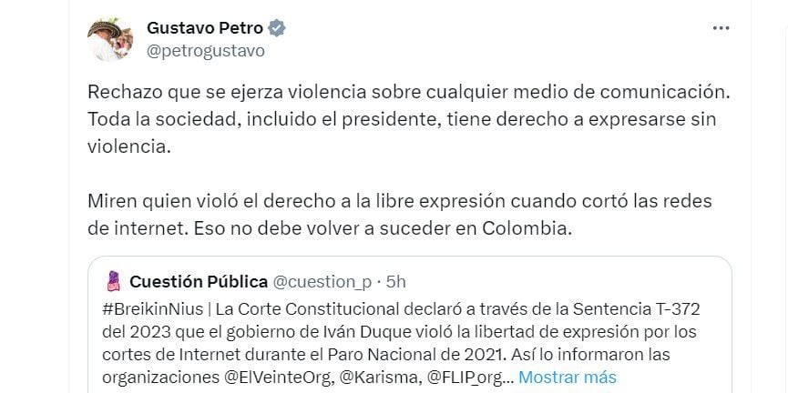 El presidente Gustavo Petro rechazó el ataque de los indígenas a Semana, pero criticó al expresidente Iván Duque por sus acciones en el paro nacional - crédito @petrogustavo/X
