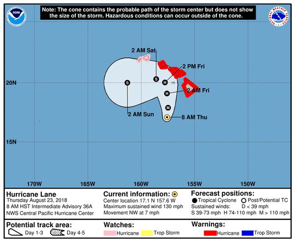 El pronóstico del Centro Nacional de Huracanes del Pacífico Central de este jueves a las 8 am (CPHC)