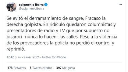 Mensaje de Epigmenio Ibarra sobre las acciones de la policía durante la marcha del 8 de marzo (Foto: captura de pantalla de Twitter @epigmenioibarra)