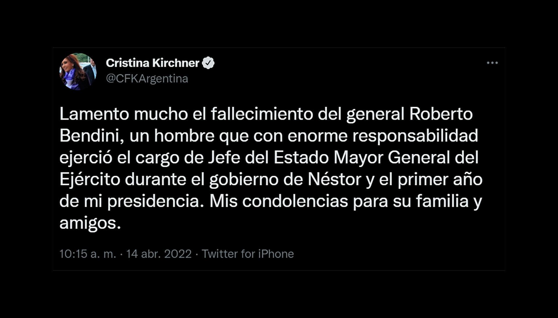Cristina Kirchner sobre muerte del general Roberto Bendini