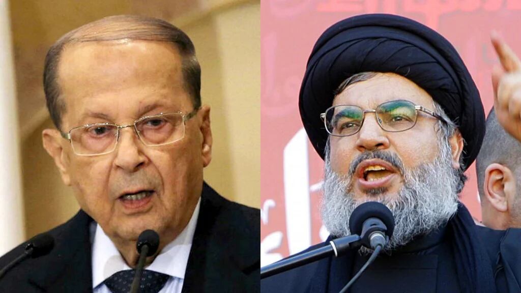 Michel Aoun, primer ministro del Líbano, y Hasan Nasrallah, líder terrorista de Hezbollah
