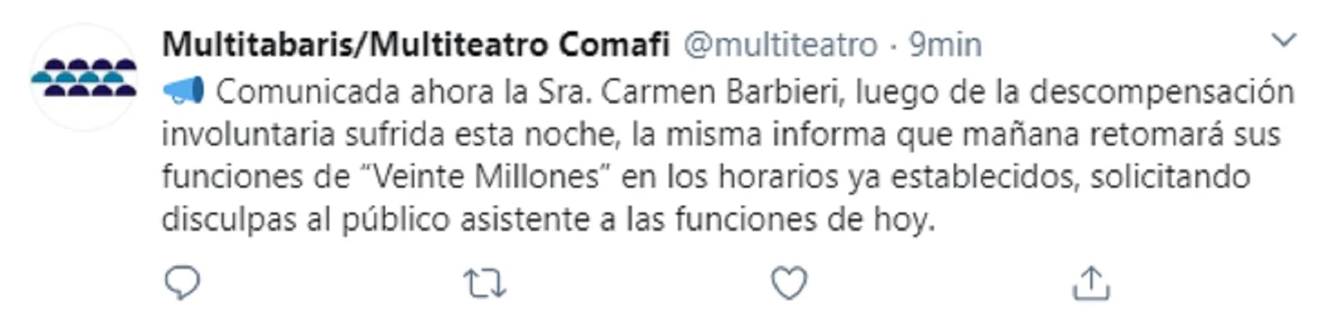 Tuit sobre la salud de Carmen Barbieri
