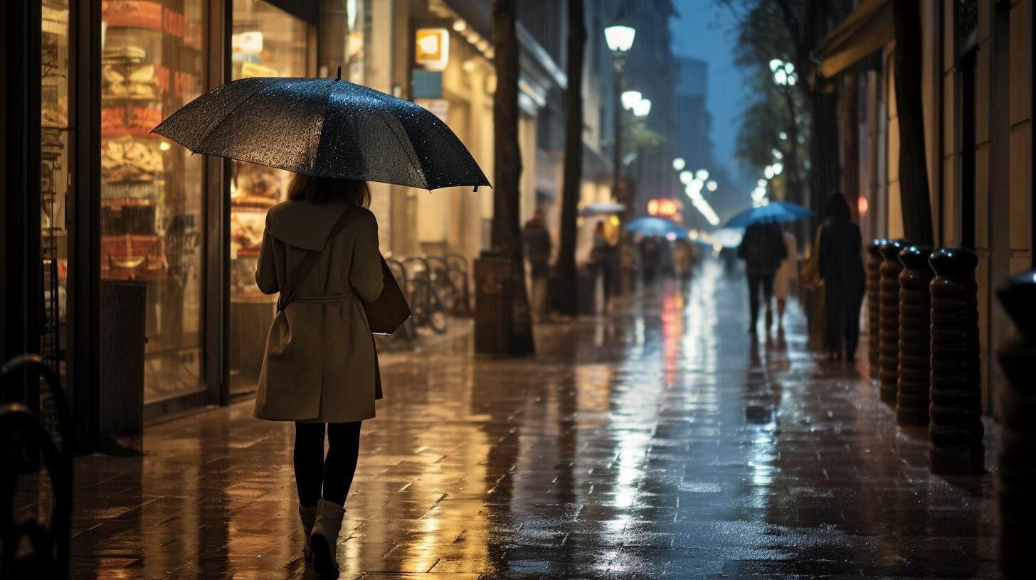Persona caminando bajo la lluvia en la ciudad, sosteniendo un paraguas para protegerse. La imagen refleja la atmósfera única de la vida urbana bajo la lluvia, desafiando las expectativas del pronóstico del clima. (Imagen ilustrativa Infobae)