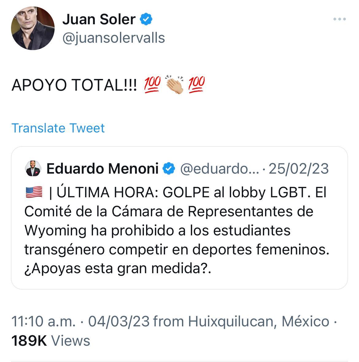 Juan Soler afirma apoyo total a leyes anti-trans Foto: Screenshot Twitter @juansolervalls