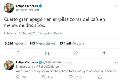 Tuit de Felipe Calderón respecto al apagón en el norte de México 
(Foto: captura de pantalla de Twitter @FelipeCalderon)