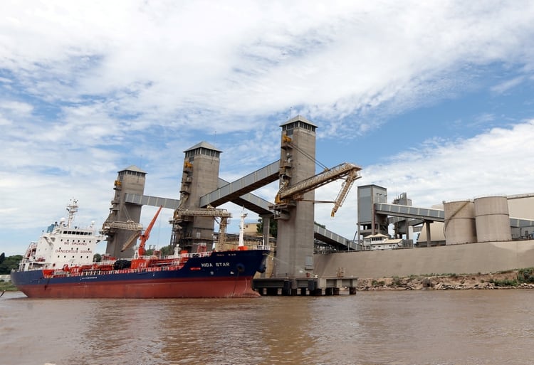 FILE PHOTO: Grain is loaded aboard ships on a port on the Parana river near Rosario, Argentina, January 31, 2017. Picture taken January 31, 2017. REUTERS/Marcos Brindicci/File Photo