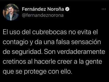 El tuit del político sobre el cubrebocas (Captura de pantalla: @fernandeznorona / Twitter)