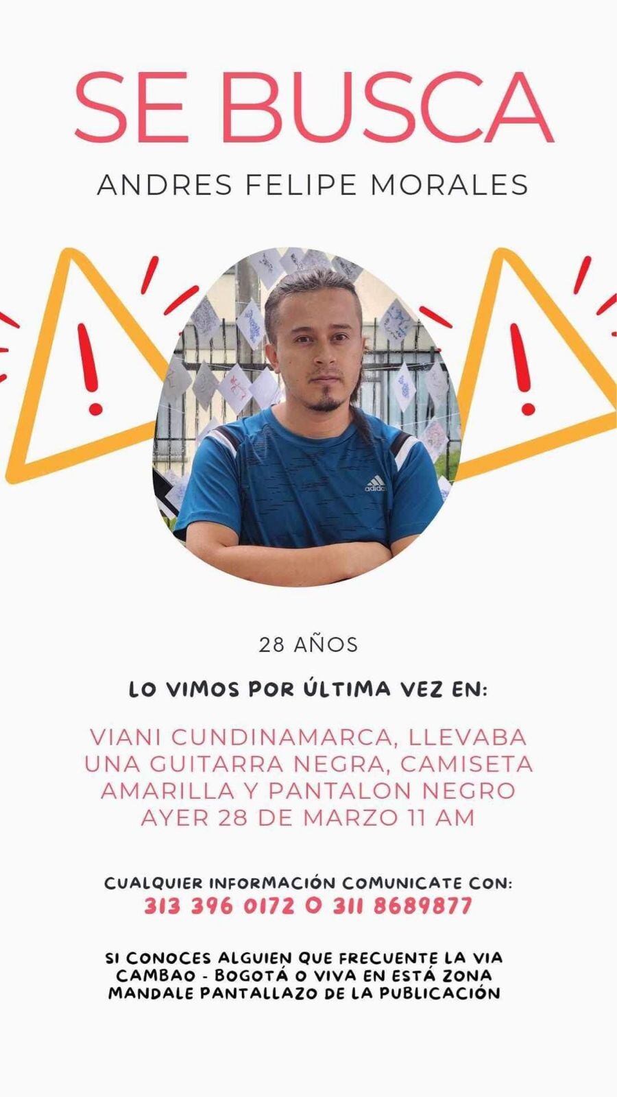 Andrés Felipe Morales fue buscado durante una semana, sin éxito. Fue un habitante de la zona quien reportó el hallazgo del cuerpo el miércoles 3 de abril - crédito redes sociales