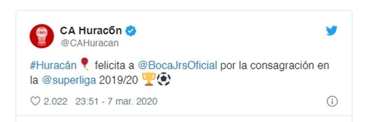 El mensaje de Huracán a Boca por campeonato logrado