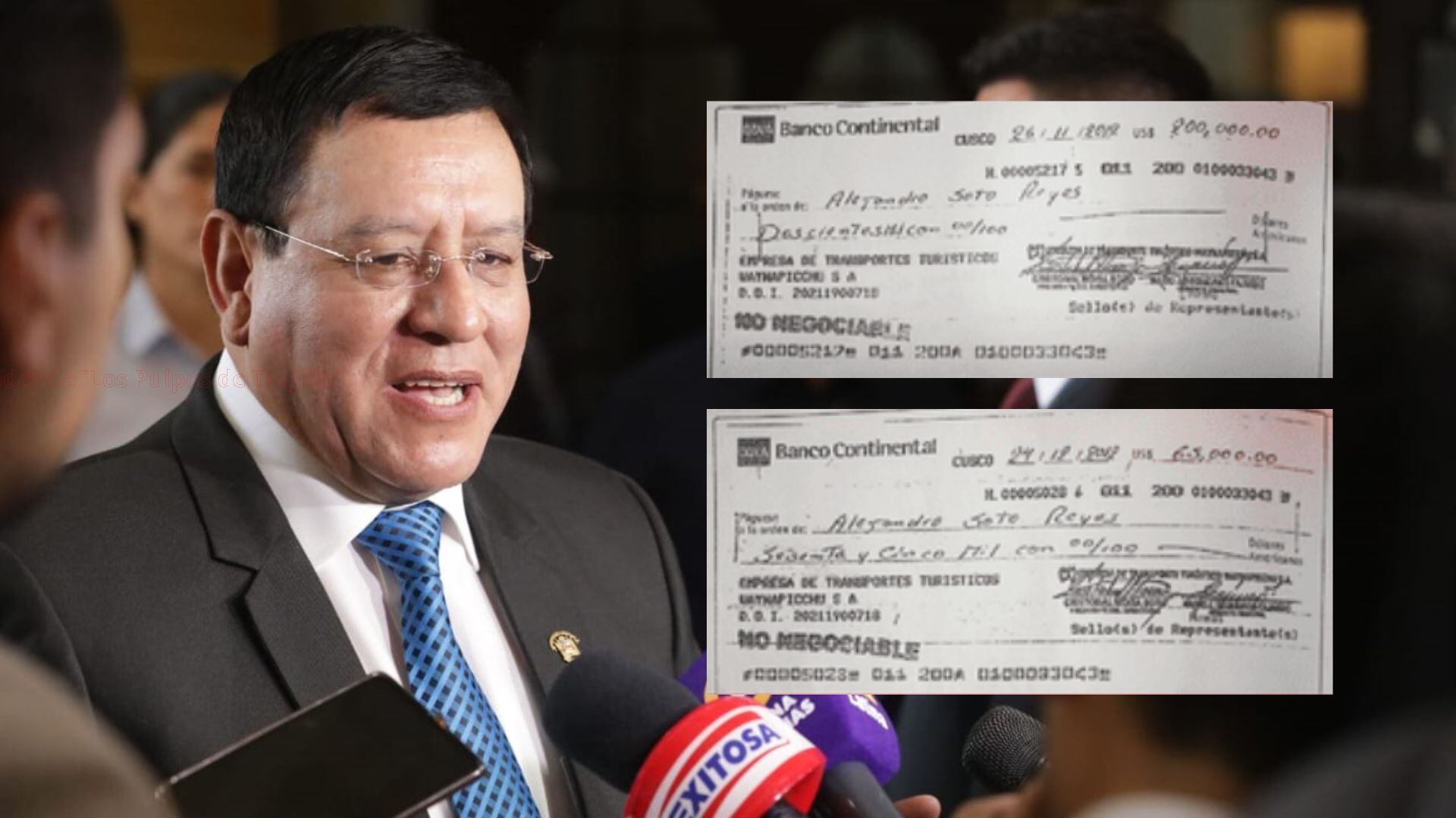 Photos of the checks he received for the sale of a property to Transportes Wayna Picchu.