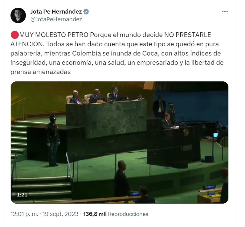El senador Jota Pe Hernández no dudó en arremeter en contra del presidente Petro luego de que fue ignorado minutos antes de que iniciara su discurso en la Asamblea General de la ONU - crédito @JotaPeHernandez/X