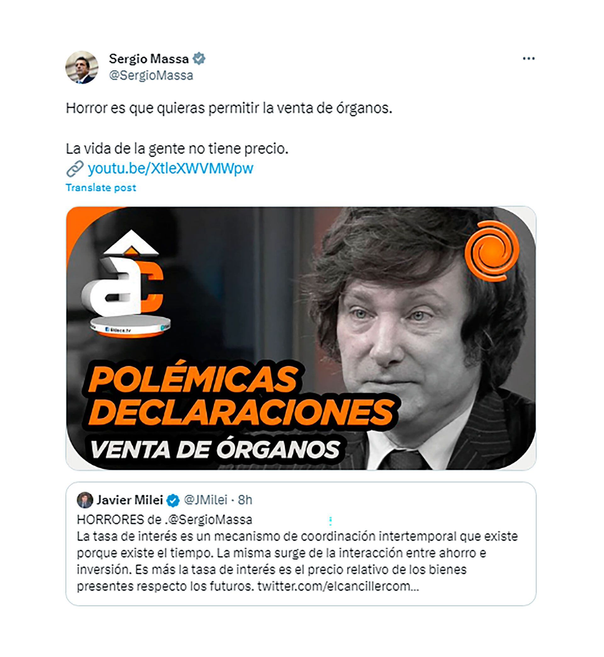 Cruce entre Javier Milei y Sergio Massa sobre dolarizacion y venta de organos