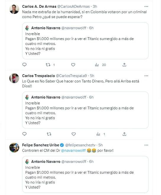 Comentarios en contra de Antonio Navarro, exsenador, por comentario sobre submarino Titan