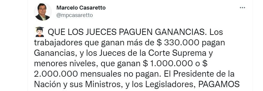 Marcelo Casaretto impulsa que los jueces paguen el impuesto a las Ganancias