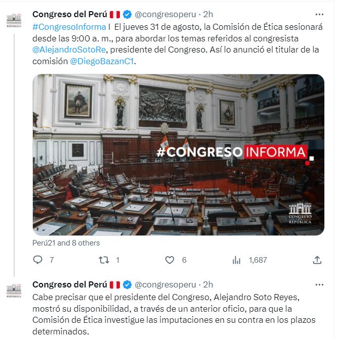 Comunicado del Congreso sobre casos contra Alejandro Soto
