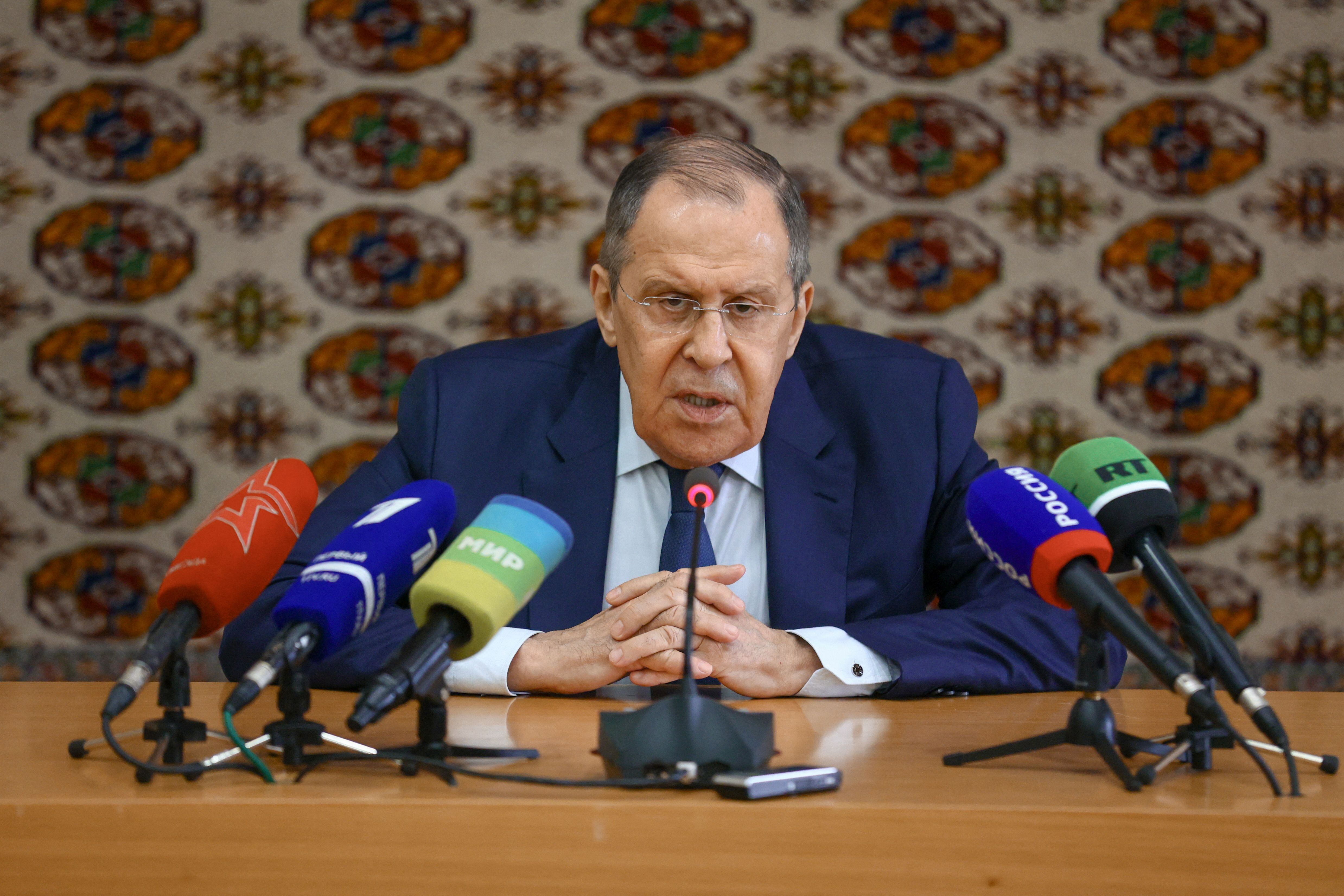 Russia's Foreign Minister Lavrov attends a news briefing in Ashgabat