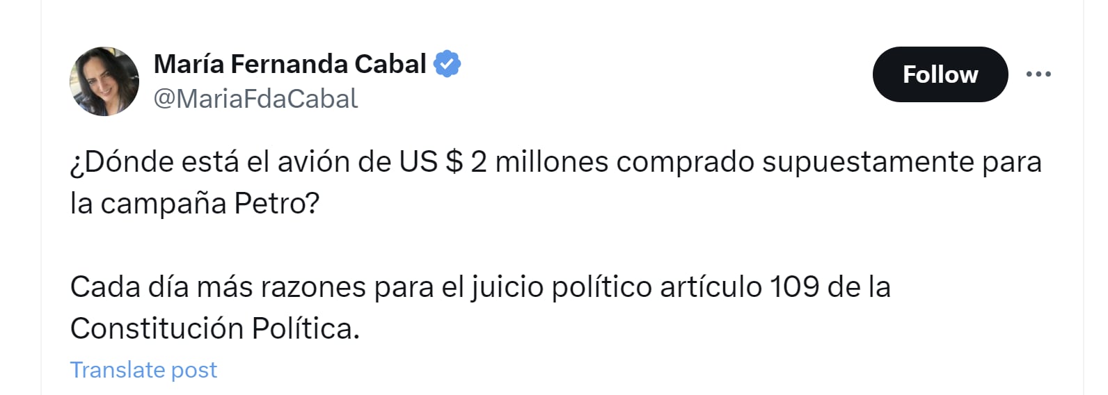 María Fernanda Cabal cuestionó compra de avión, presuntamente para la campaña presidencial de Gustavo Petro - crédito @MariaFdaCabal/X