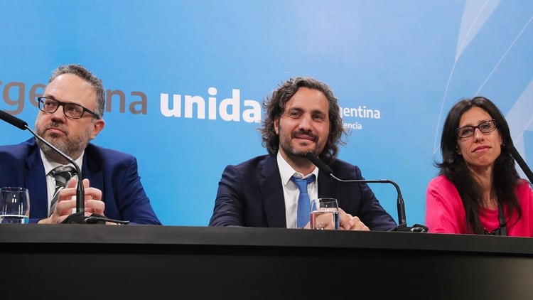 Cafiero, Kulfas y Paula Español en una conferencia que dieron la semana pasada en la Casa Rosada. Presidencia