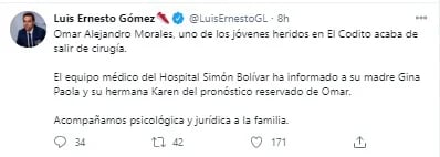 El secretario de Gobierno de Bogotá, informó sobre las condiciones médicas de uno de los jóvenes que resultaron heridos. Foto: Twitter Luis Ernesto Gómez.