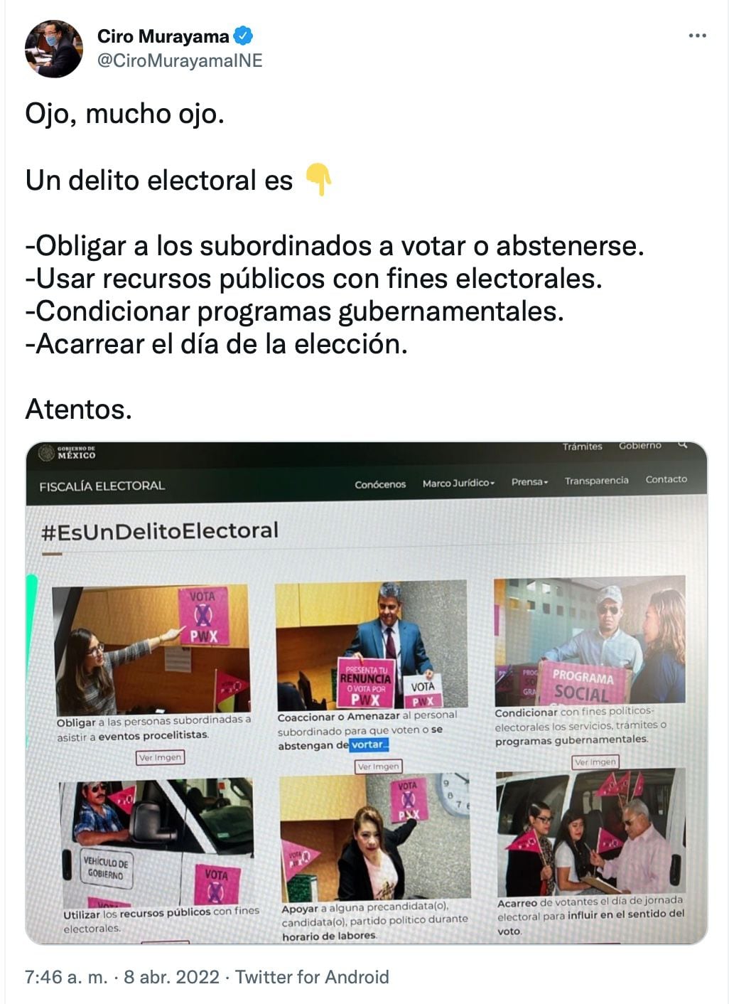 En sus redes sociales, Ciro Murayama recordó cuáles son los delitos electorales previo a la Revocación de Mandato (Foto: Twitter/CiroMurayamaINE)