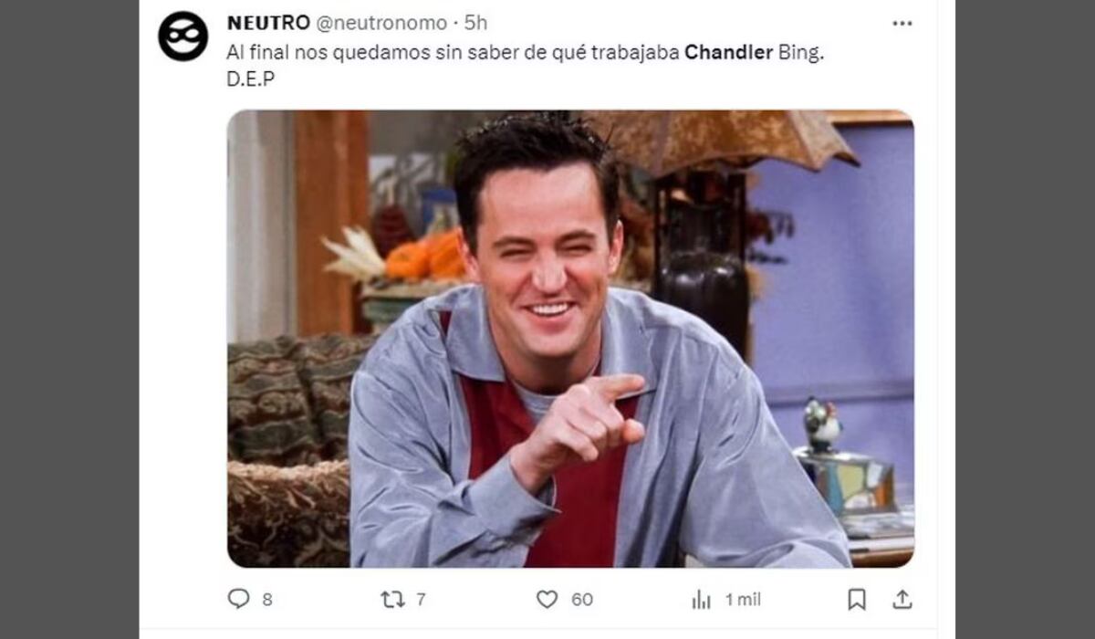 Con memes recuerdan a Matthew Perry y su personaje "Chandler" en Friends. (Foto: X)