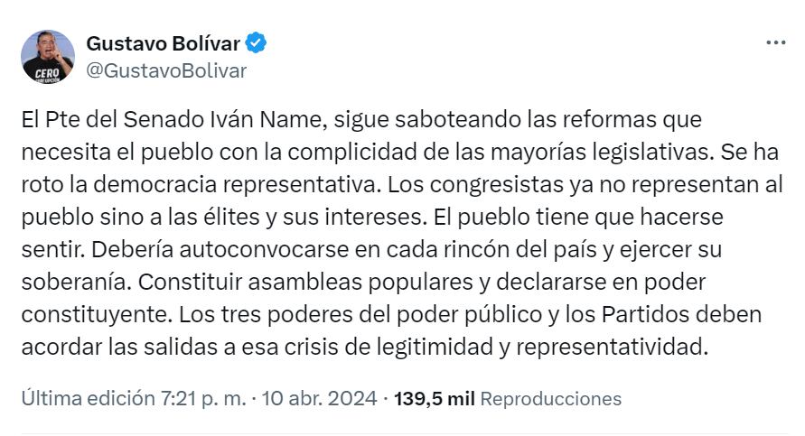 Gustavo Bolívar solicitó a los colombianos salir a las calles a ejercer presión para aprobar las reformas - crédito red social X