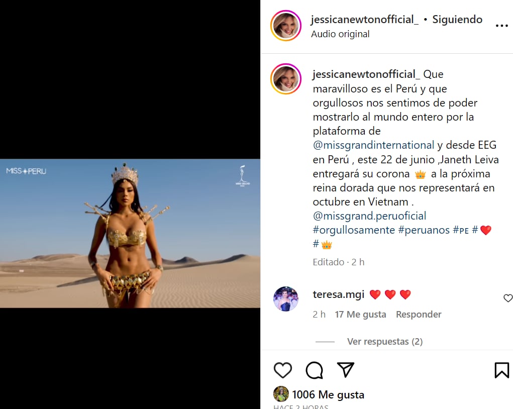 Jessica Newton comparte promoción del Miss Grand Perú. (Instagram)