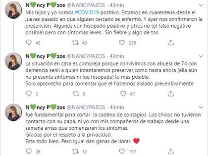 El posteo de Nancy Pazos en Twitter, comunicando que tiene COVID-19