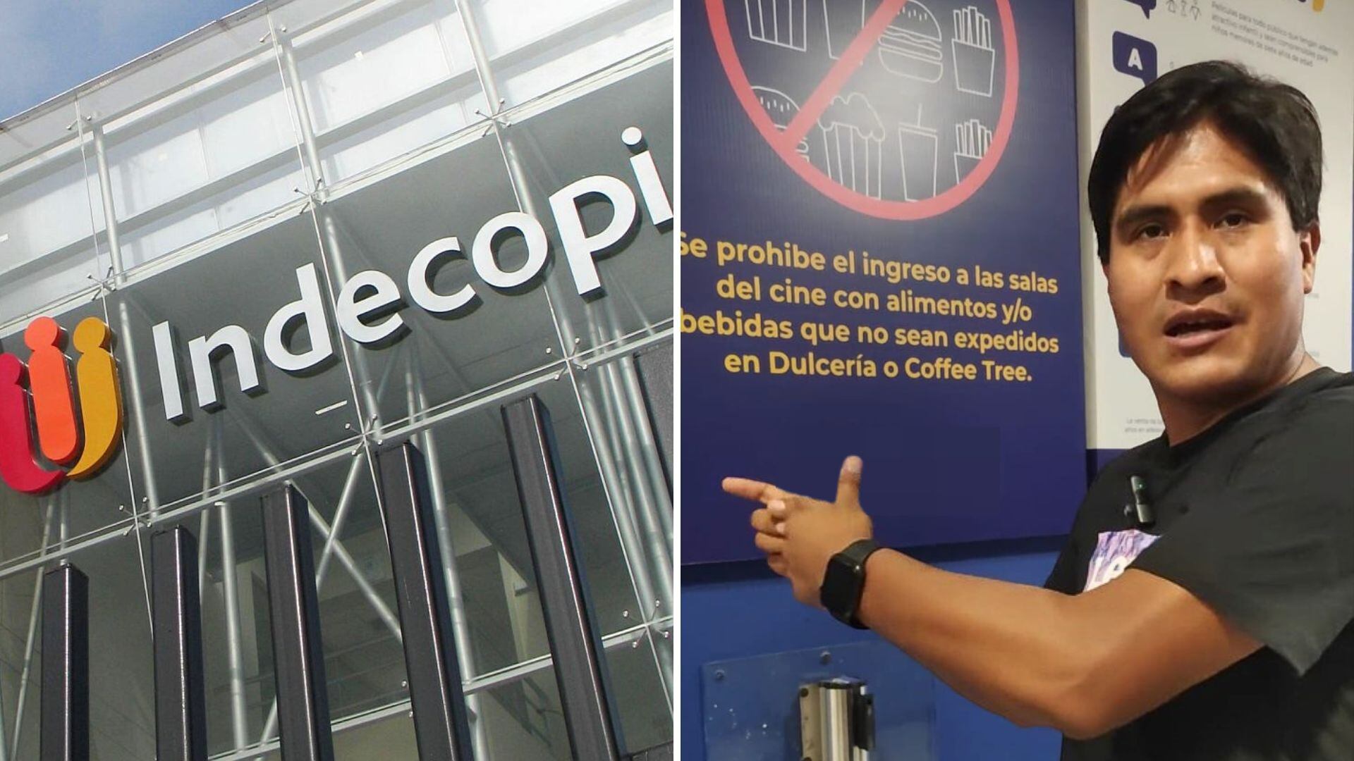 Indecopi y foto de Wilson Soto de la Codeco del Congreso en Cinépolis señalando cartel que viola código del consumidor