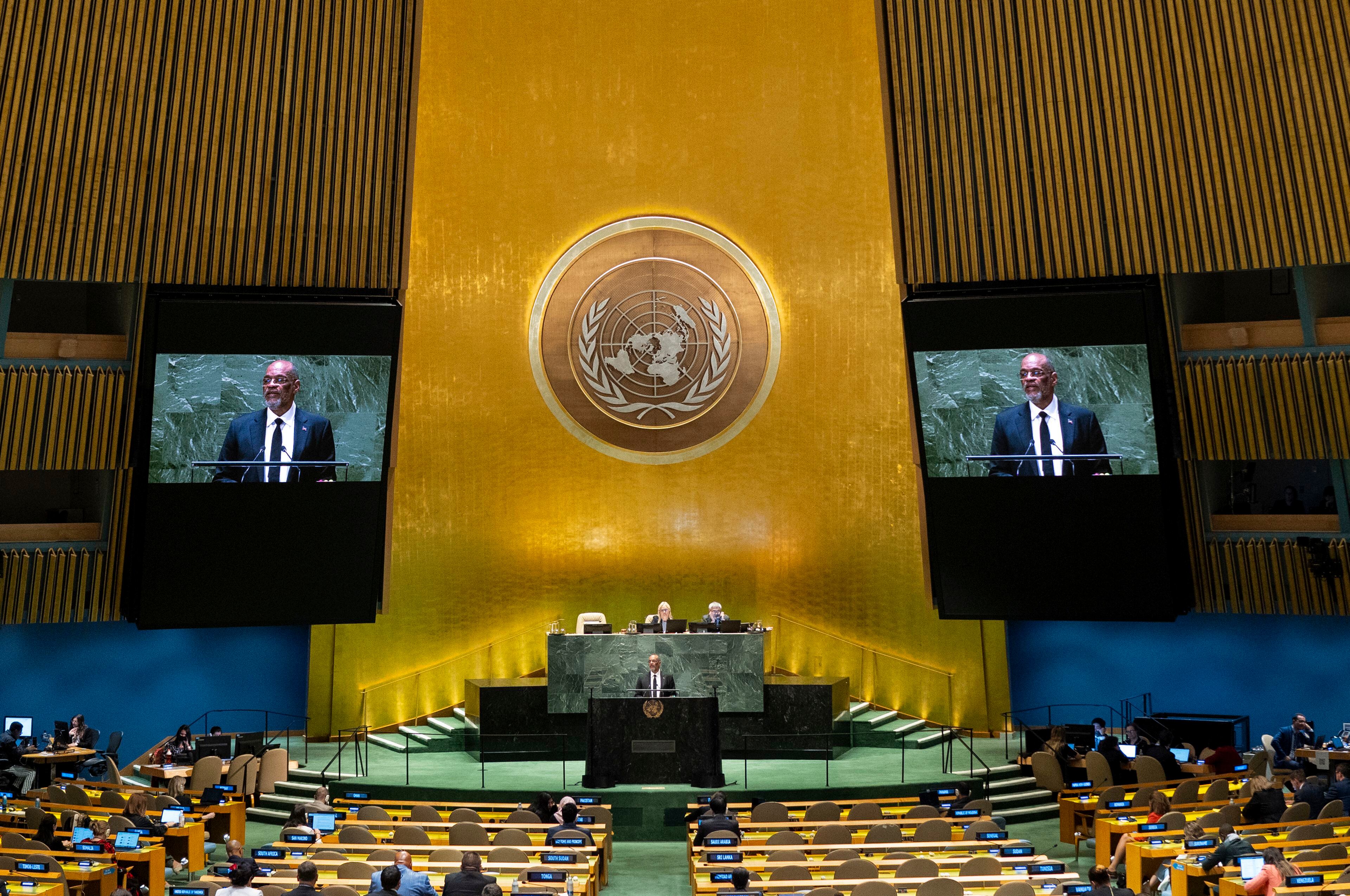 El primer ministro de Haití, Ariel Henry, pronuncia un discurso ante la 78va sesión de la Asamblea General de Naciones Unidas (AP Foto/Craig Ruttle)